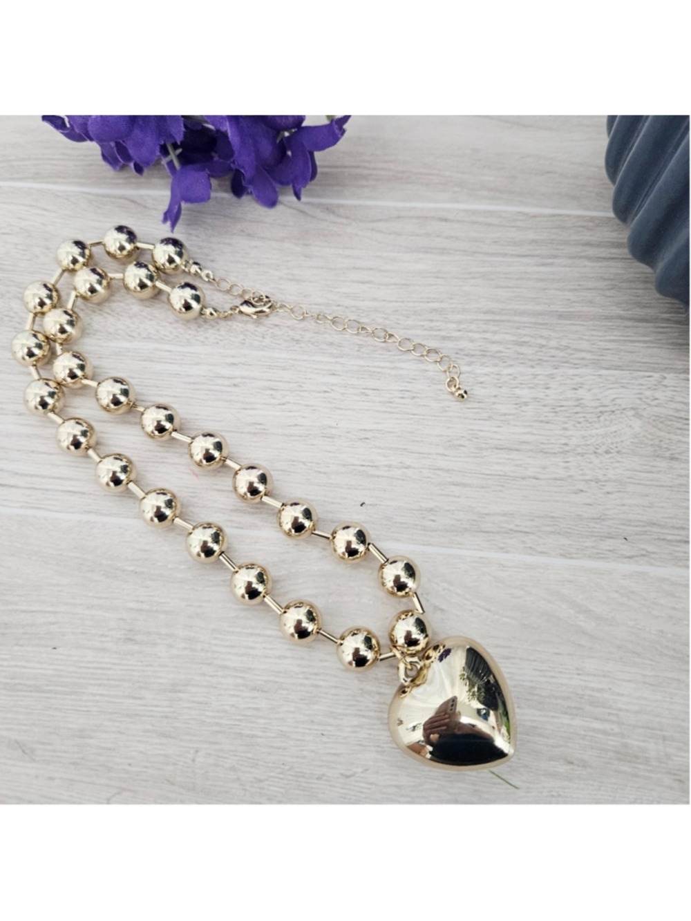Gold Tone Puffy Heart Pendant Necklace - Picture 3 of 4
